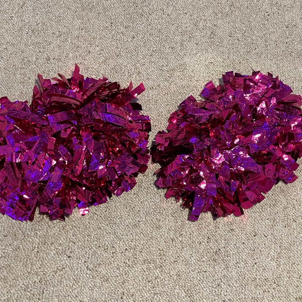 HOT PINK POM-POMS   -metallic pink shiny poms- metal gripping bar in middle